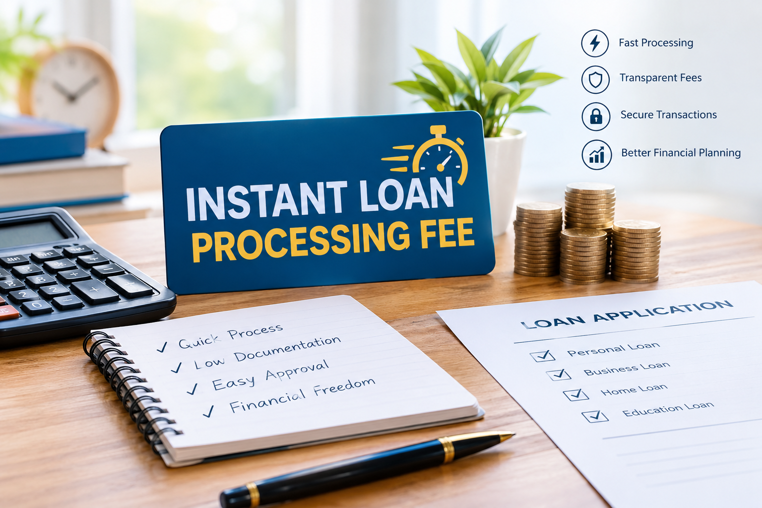 Instant loan processing fee concept with calculator, coins, loan application documents, and financial planning elements on a modern desk